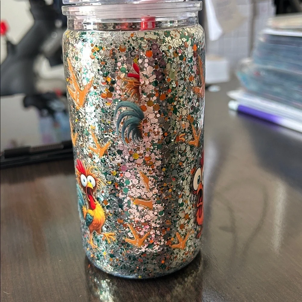 F-CAW-F Chicken 16oz Double-Walled Acrylic Glitter Tumbler with Straw Buddy